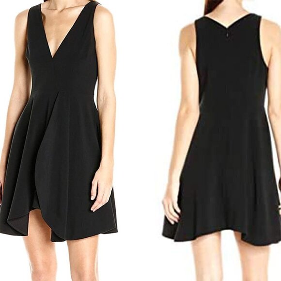 NWT Halston Heritage Sleeveless V-Neck Flounced Party Cocktail Dress Black 14 - Picture 2 of 10